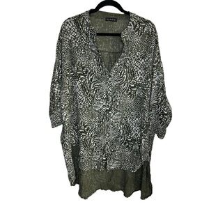 New Collection Boho Lagenlook Green White cotton linen blend hi lo tunic top‎ OS